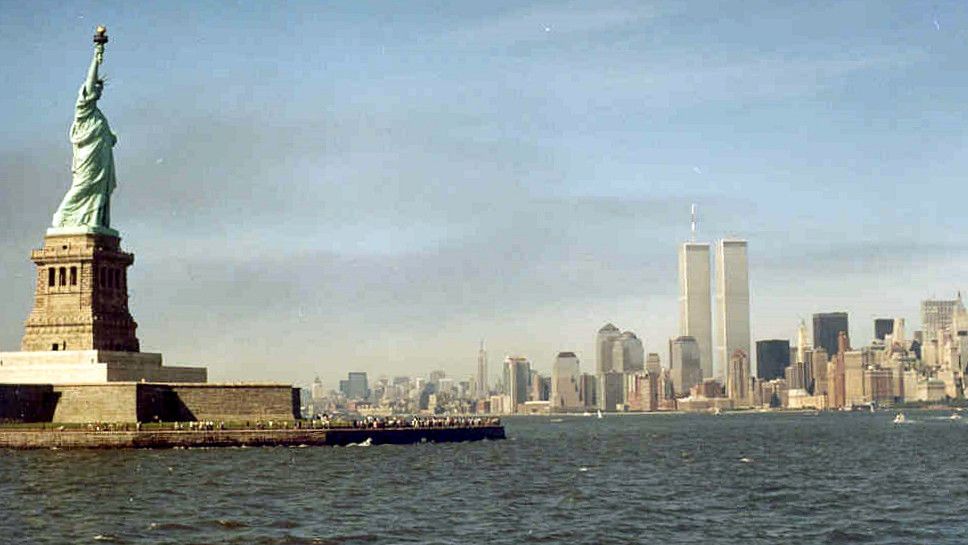 The statue of Liberty and the twins towers...