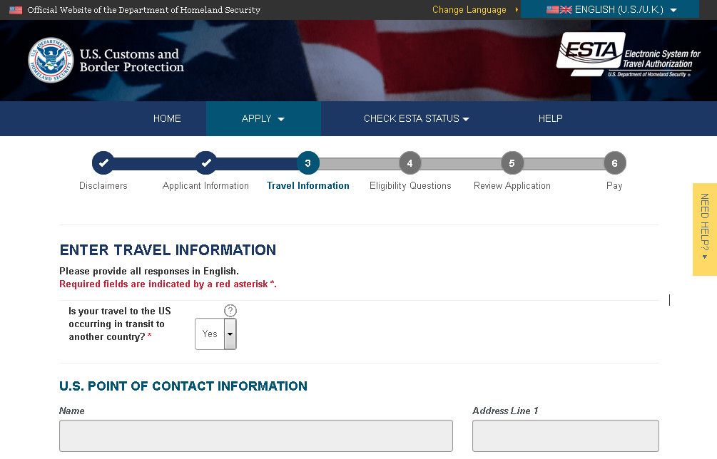 Screenshot of the official website for ESTA.