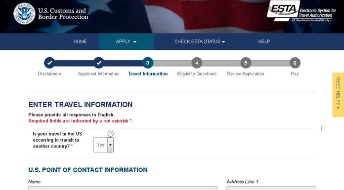 Do I need to apply for ESTA for my flight stop in the USA? Screenshot of the official website for ESTA.
