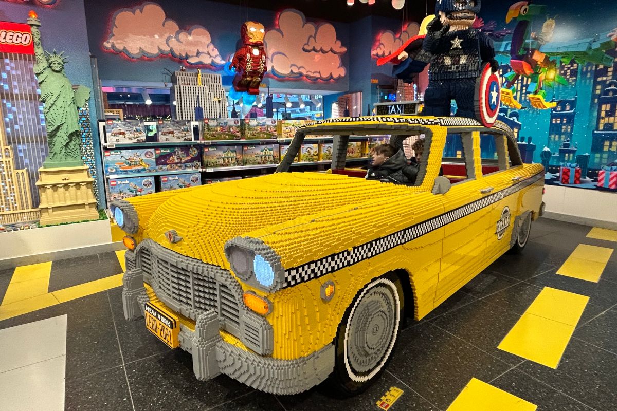 Life-size taxi made of Lego bricks at the Lego Store in New York