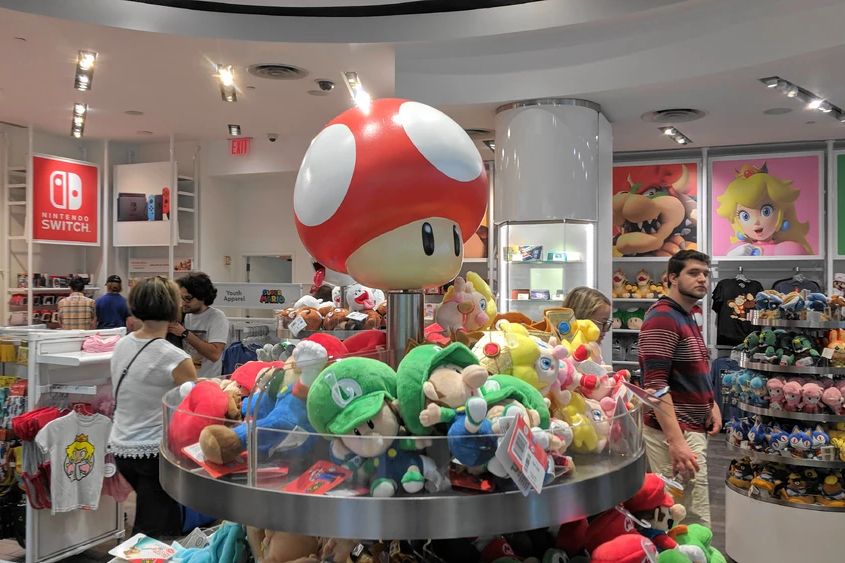 Products for sale in the Nintendo toy store in New York