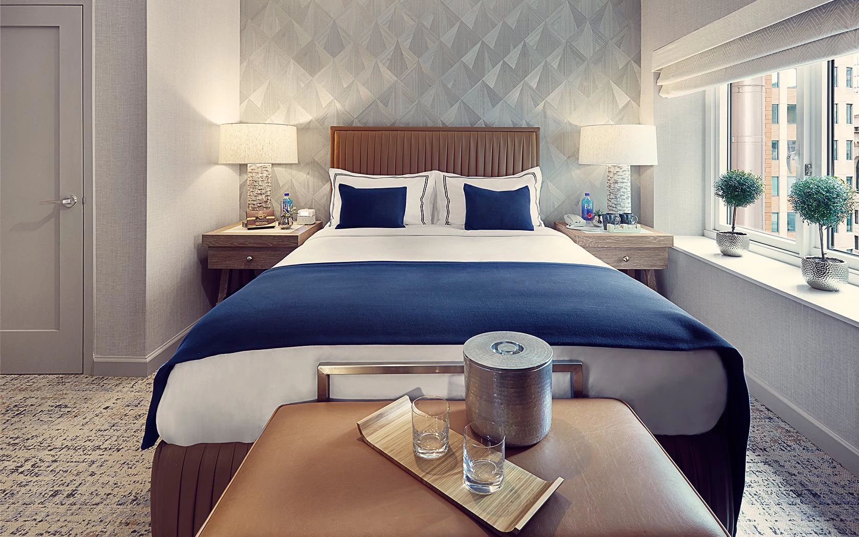 Bedroom in the Artezen Hotel in New York City.