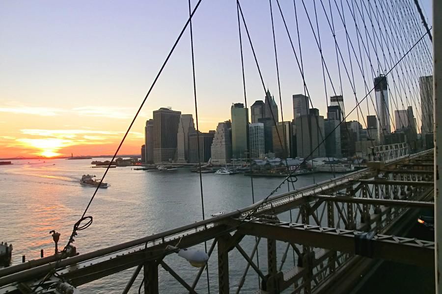 Sunset over Brooklyn Bridge and the Financial District
