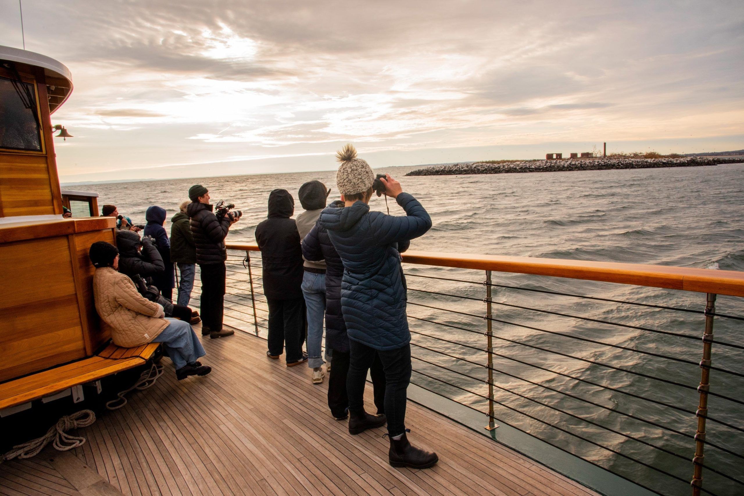 tourists watching seals from a ship in New York