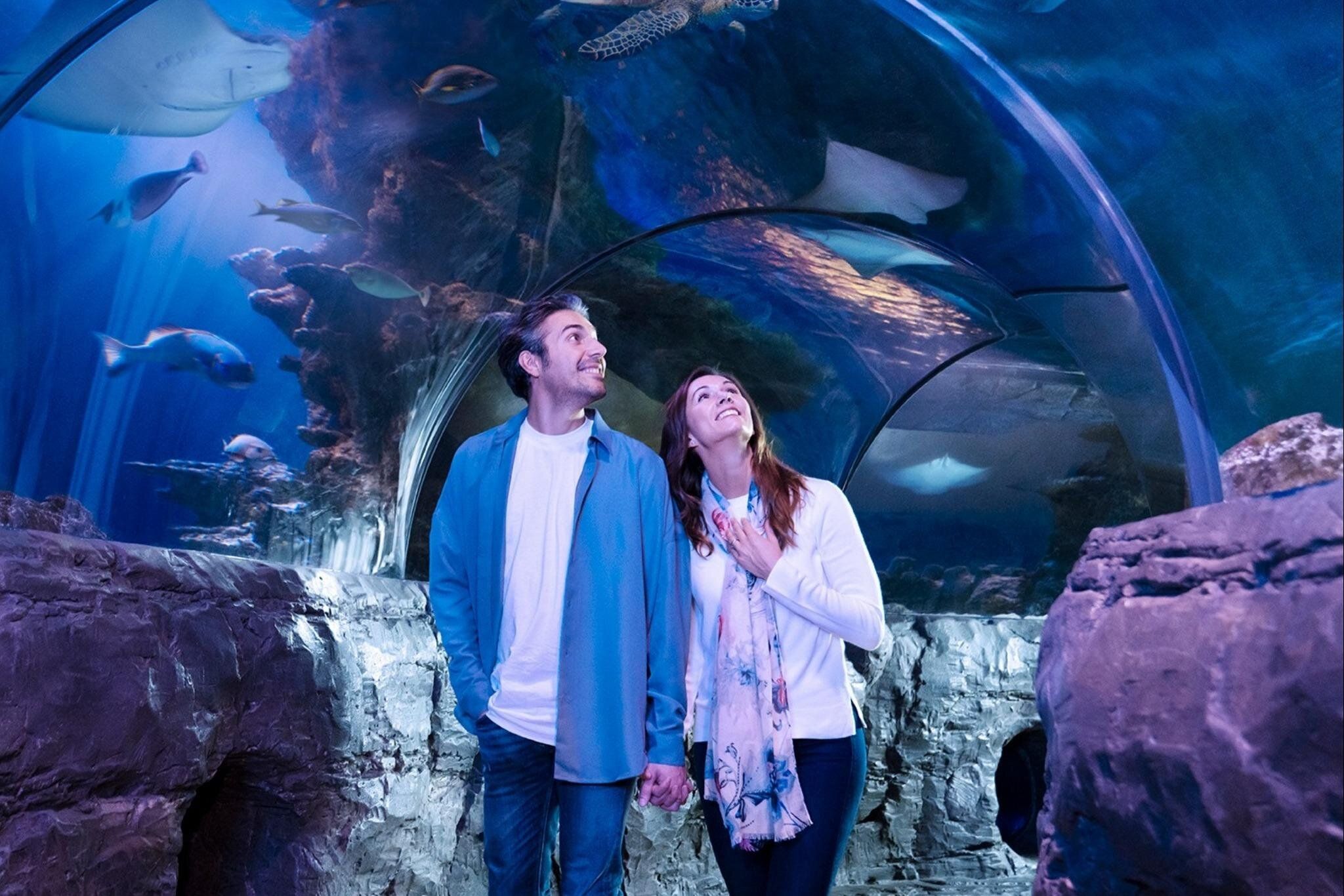 Couple in the underwater tunnel of SEA LIFE aquarium at American Dream in New York